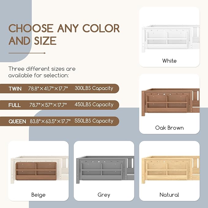 Bellemave Queen Floor Bed Frame with Fence & Bookshelf, Solid Pinewood Montessori Floor Bed Frame Queen with Slats Load 550LBS, Low Floor Bed for Kids, Bedroom, Nursery, Easy Assembly, Oak Brown