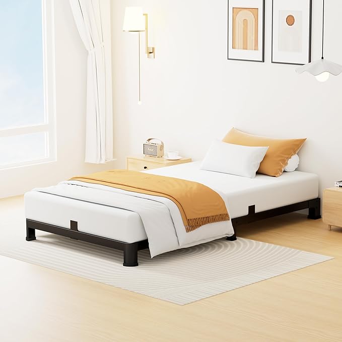 Superay 4 Inch Twin Bed Frame Low Profile, Heavy Duty Metal Platform Bed Frame with Round Corner Legs, Sturdy Mattress Foundation, No Box Spring Needed, Easy Assembly, Noise Free, Black