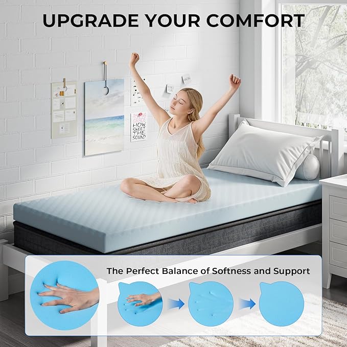 OhGeni Memory Foam Mattress Topper Pad, with Cover, Soft Bed Cover with Anti-Slip Base, Size Twin XL, Style 3 Inch