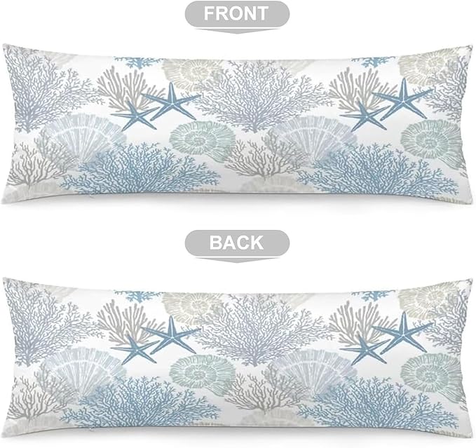 Beach Theme Body Pillow Cover,Nautical Blue Coral Starfish Ocean Marine Coastal,Long Pillow Case with Zipper Rectangle Bedding Pillowcase Decorative Soft Cushion Covers for Bedroom,20"x54",Teal Blue