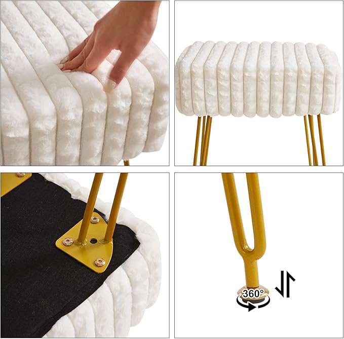IBUYKE Rectangular Footrest Stool Ottoman, Makeup Vanity Stool Side Table, Velvet Dressing Table Seat, Footstool Chair, Golden Steel Legs, for Makeup Room, Bedroom, Square Grid Pattern, White WBD003W