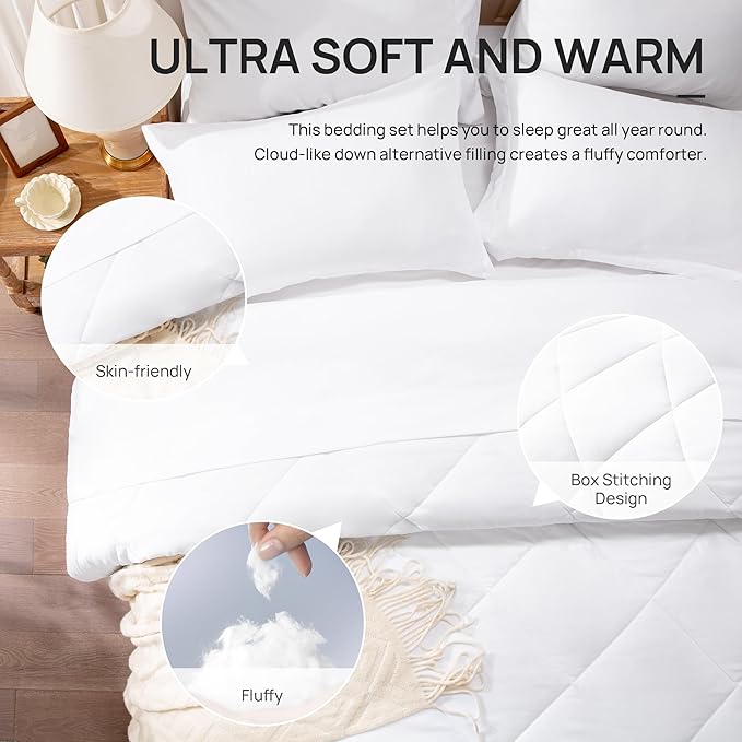 Love's cabin California King Comforter Set White, 7 Pieces California King Bed in a Bag, All Season Bedding Sets with 1 Comforter, 1 Flat Sheet, 1 Fitted Sheet, 2 Pillowcase and 2 Pillow Sham | Soft, Breathable, Lightweight, Comfortable