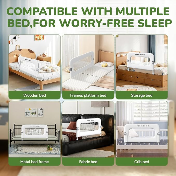Bed Guard Rail for Toddlers - 47" Adjustable Heights & Folding up Portable Bed Railing for Baby - Toddler Bed Rails Guard for Crib, Twin, Bunk,Full Size, Queen & King Bed (White)