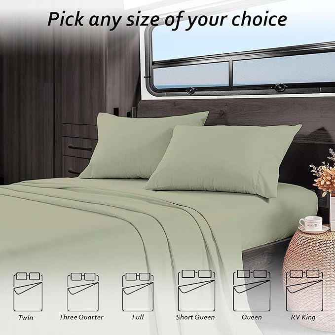 Short Queen RV Camper Sheet Set (60x75) – 100% Egyptian Cotton, Soft & Cooling, 16” Deep Pocket Fitted Sheet, Luxury Hotel Quality Bedding for RVs, Campers & Motorhomes (Sage Solid)