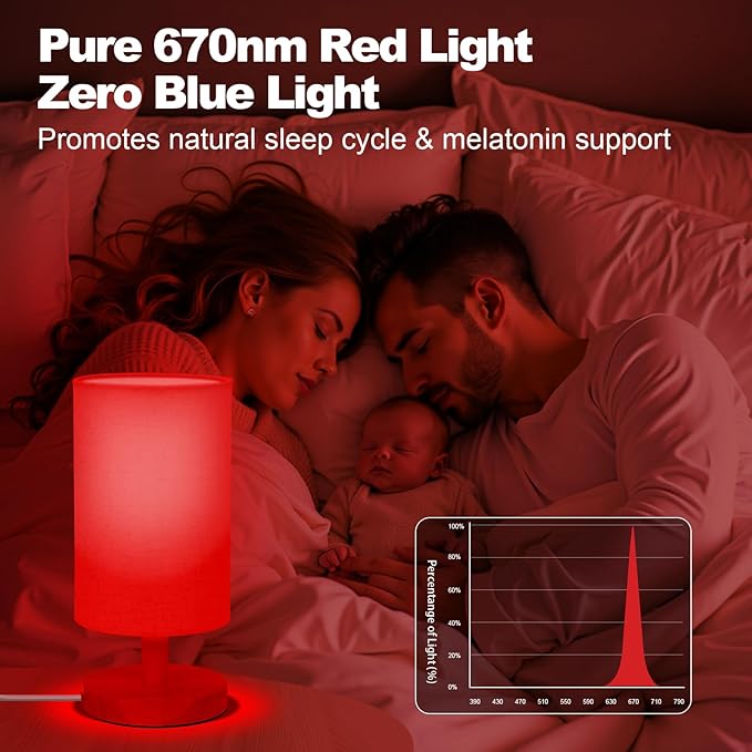 Red Light Lamp for Bedroom, Nightstand Lamp with 670nm Red & 3000-6500K White Light, Remote Control, Timer, Night Light, Dimmable LED Bedside Table Lamp with Memory Function, Wood Base & Fabric Shade