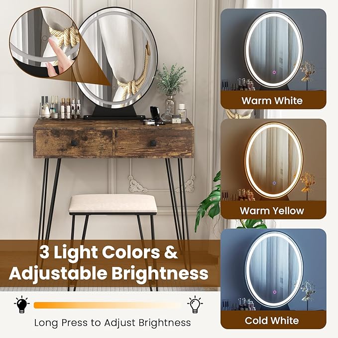 COSTWAY Vanity Desk with Mirror and Lights, Makeup Dressing Table Set w/ 3 Color Lighting Modes & Adjustable Brightness, Vanity Mirror with Desk and Stool for Bedroom Small Spaces (Rustic Brown)