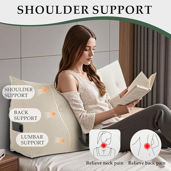 Huatean Home Soft Headboard Pillow Queen Size, Wall Backrest Wedge Pillow Headboard Queen, Reading Backboard Pillows, Large Dorm Daybed Bolster Pillows for Back Support with Removable Cover, Beige