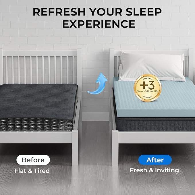 OhGeni Memory Foam Mattress Topper Pad, with Cover, Soft Bed Cover with Anti-Slip Base, Size Twin XL, Style 3 Inch