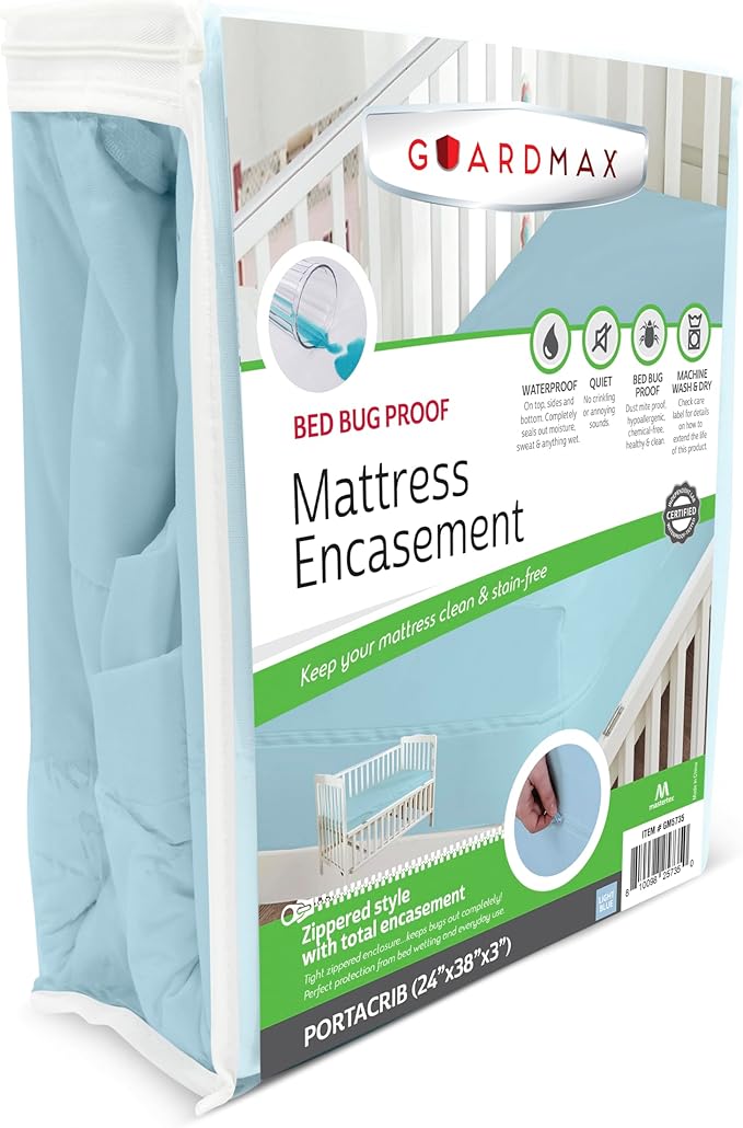 Guardmax Portacrib Mattress Encasement with Zipper, Waterproof, Bed Bug Proof, Dust Mite Proof Mattress Protector for Portacrib Bed up to 3" Deep, Zippered All Around Jersey Knitted Mattress Cover