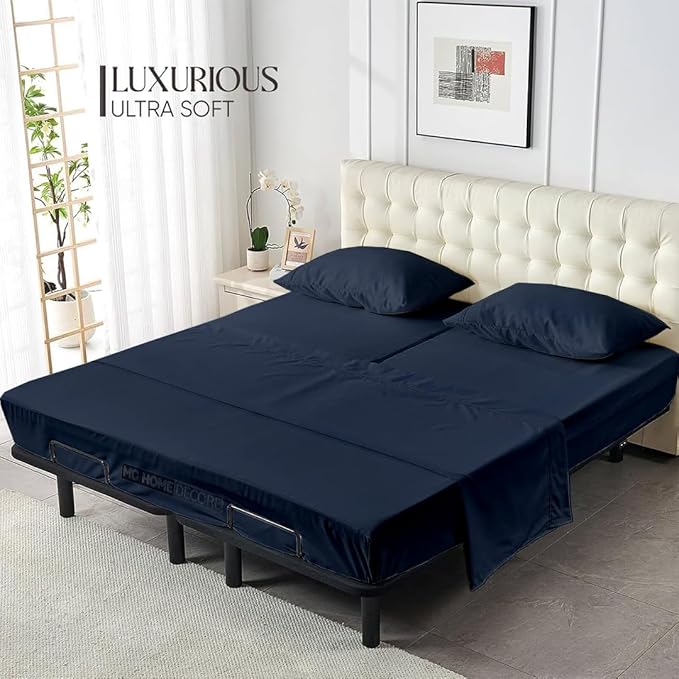 4 Piece Split Head Flex Sheet Set, 34" Top Split King Sheets for Adjustable Beds, 100% Egyptian Cotton, 16 Inch Deep Pocket, Soft Durable Breathable Sheets, Navy Blue Solid, Ideal for Adjustable Beds
