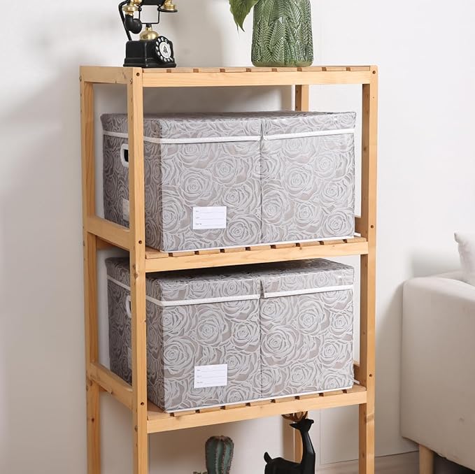 PRANDOM Jumbo Collapsible Storage Boxes with Lids Fabric Decorative Storage Bins Cubes Organizer Baskets with Cover Handles Divider for Bedroom Closet Living Room 23.2x15.7x11.8 Inch 3 Pack