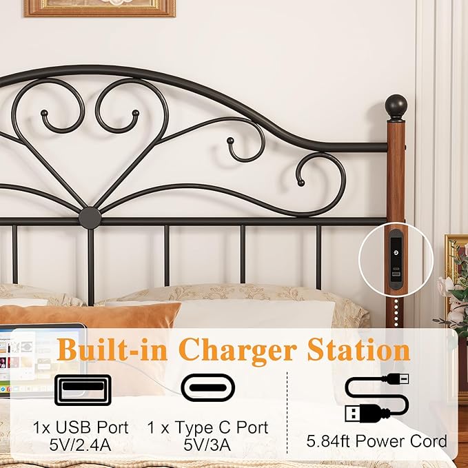 Merronix Full Size Headboard with Charger Stations, Vintage Metal Headboard Only Farmhouse Retro Freestanding Black Wooden-Painting Headboard for Queen Bed Frame, Height Adjustable, Easy Assembly
