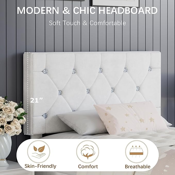 VECELO Twin Size Bed Frame with Diamond Tufted Headboard, Upholstered Platform Bedframe with Wood Slat Support, No Box Spring Needed, Velvet & White