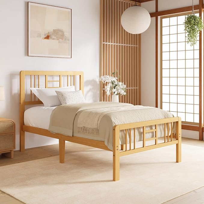 Hunlostten 12 in High Bamboo Wood Twin Bed Frame with Headboard & Footboard, Platform Bed Frame Twin Size with Steel Slats Support, Heavy Duty, No Box Spring Needed, Easy Assembly