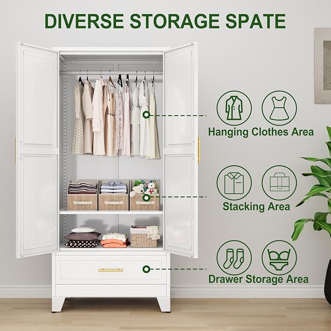 winiowa Metal Armoire Wardrobe Closet with Drawer, 71" Wardrobe Cabinet with Adjustable Shelves and Hanging Rod, Clothing Storage Cabinet Closet with Mirror for Bedroom-White