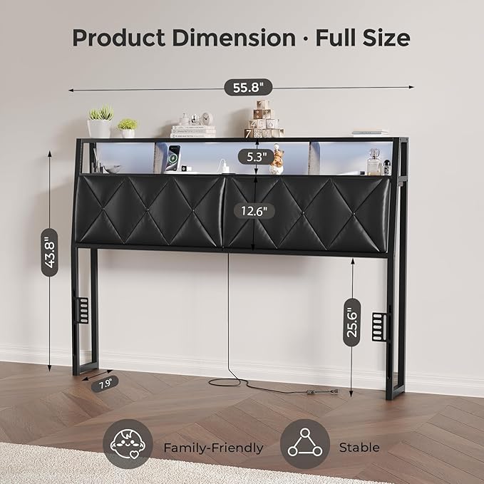 Full Headboard Only, Headboard for Full Size Bed with Storage, Upholstered Headboards with LED Lights & Charging Station, Attach Frame, Ideal for Bedroom/Dorm/Guest Room, Black, Faux Leather