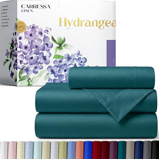 Carressa Linen 100% Egyptian Cotton Twin XL Sheets Set - 600 Series Hydrangeas Collection Luxury Egyptian Cotton Sheets Twin XL Size (3 PC, Teal), 16" Deep Pocket, Sateen Weave Bedding
