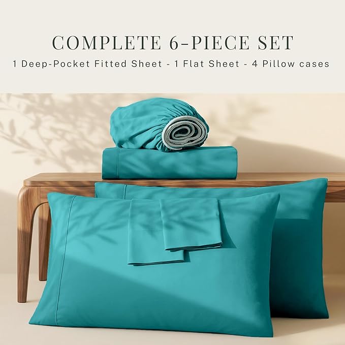 Hearth & Harbor Extra Deep Pocket Sheets - Fits Mattress 18-24 Inches Deep - Extra Deep Pocket Twin XL Sheets Sets - 4 Piece Twin XL Size - Teal