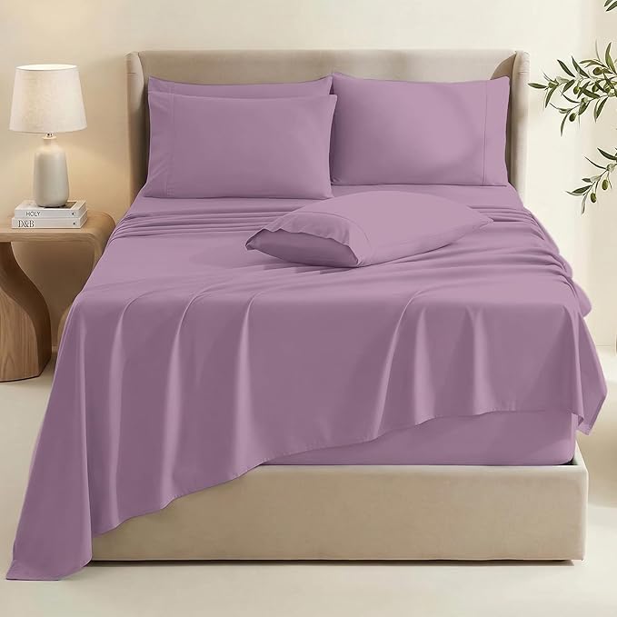 Hearth & Harbor Extra Deep Pocket Queen Sheets Sets - Fits Mattress 18-24 Inches Deep - Extra Deep Pocket Sheets - 6 Piece Queen Size - Lavender Dream
