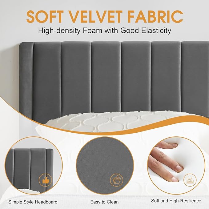 Full Bed Frame Upholstered Platform,Full Size Bed Frame with Velvet Headboard,Non-Slip and Noise-Free/Wooden Slats Support/No Box Spring Needed/Easy Assembly/Mattress Foundation (Grey, Full)