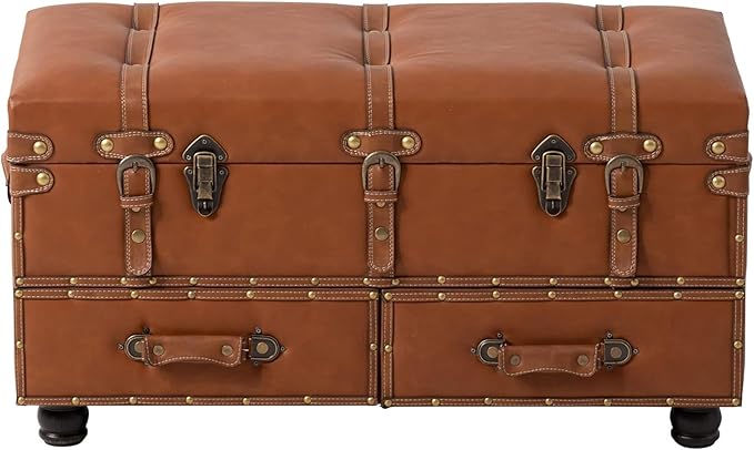 COZAYH Vintage Mid-Century Faux Leather Storage Ottoman Accent Bench - Upholstered Padded Chest for Entryway, Bedroom, Living Room, Orange