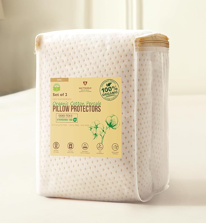 2-Pack Deluxe Cooling Organic Pillow Protectors King Size – Organic Cotton Percale, Waterproof & Breathable Zippered Encasements, Crisp & Breathable Feel, OCS Blended & Oeko-TEX Certified