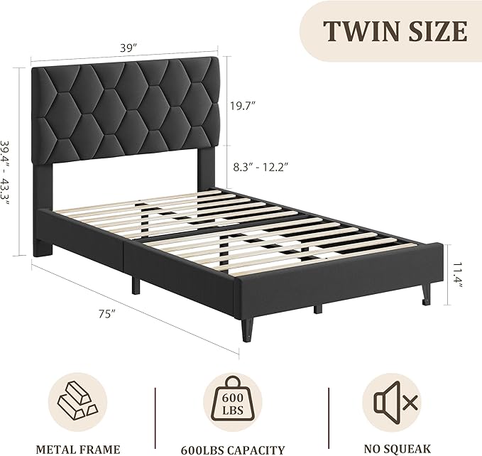 GarveeHome Twin Size Platform Bed Frame with Upholstered Headboard and Wooden Slats Support, Upholstered Mattress Foundation/No Box Spring Needed/Easy Assembly, Gray
