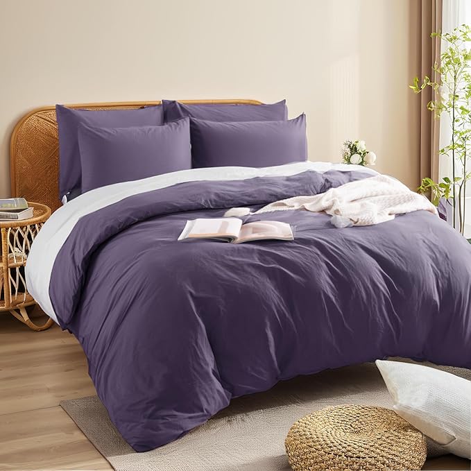 NEXHOME PRO 100% Washed Cotton Duvet Cover King Size, Ogranic Natural Linen Feel Breathable Bedding Set with Zipper Closure, 3 Pieces Duvet Cover Set Eggplant (No Comfortert) 10490