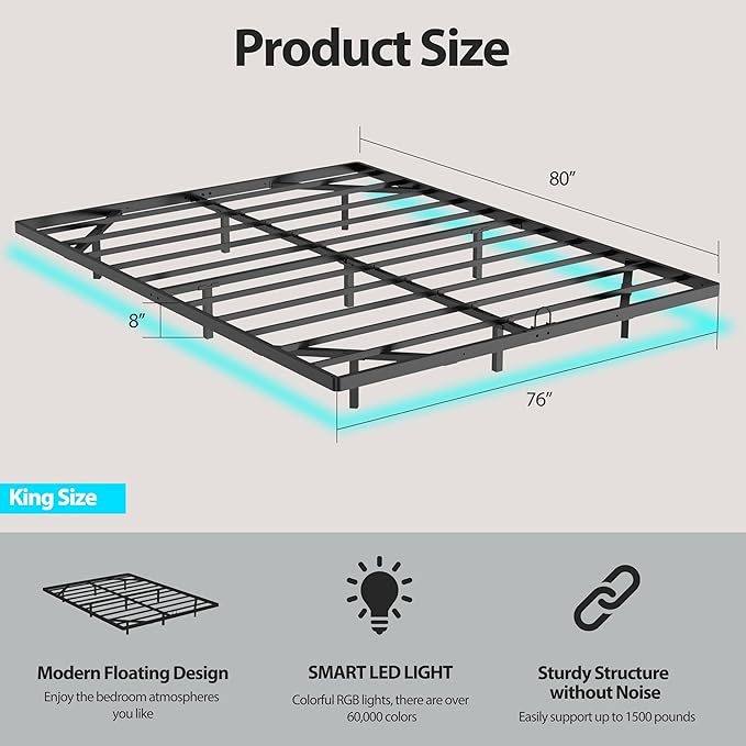 Floating Bed Frame with Smart LED Lights Metal Platform Bed Easy Assembly No Box Spring Needed (King)
