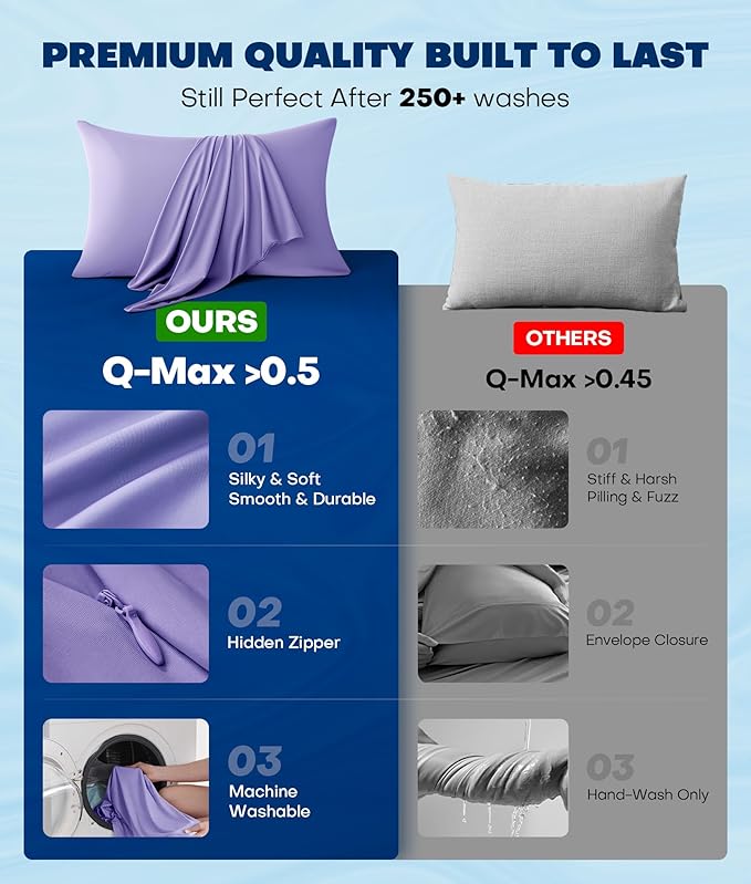 Ultra-Chill Cooling Pillowcase Set of 2 for Hot Sleepers, Softer Than Silk Pillow Cases for Protecting Hair & Skin, Breathable Bed Pillow Covers w/Zipper, Gifts for Women Men(Purple, Queen)