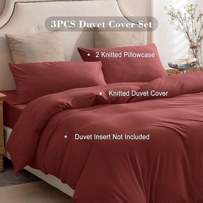 PURE ERA Jersey Knit Duvet Cover Set 100% T-Shirt Cotton Super Soft Comfy 3pc Bedding Set with Zipper Closure (Solid Brick Red, King, 104'' x 90'')