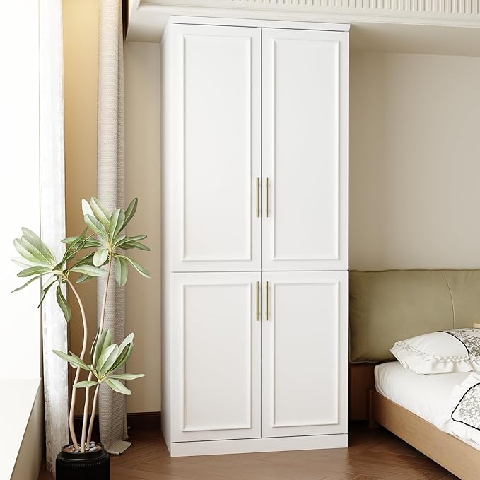 FUFU&GAGA Wardrobe Closet with 4 Doors, Modern White Bedroom Armoire with Gold Handles, Modern Clothes Storage Cabinet with Shelves & Hanging Rod for Cloakroom, 31.7”W x 19.3”D x 74.8”H
