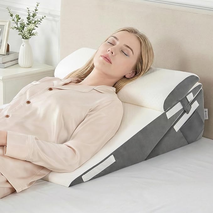 Vekkia 7-in-1 Adjustable Wedge Pillow Set for After Surgery – 2PCS Extra-Wide Bed Wedge Pillow for Adults, Ergonomic Headrest, Washable Cover for Acid Reflux, Back Pain, Sleeping, Snoring, White/Grey