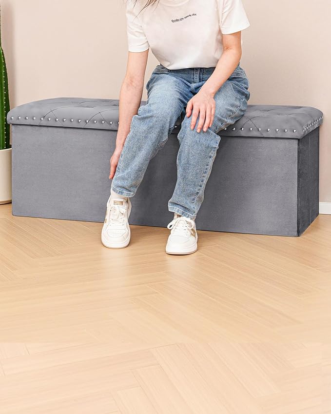 PINPLUS Storage Ottoman Bench with Benches Foot Rest Stool, Large Long Folding Velvet Shoes Chest for Bedroom, Living Room,（Grey） 43.3"x15.7"x15.7"