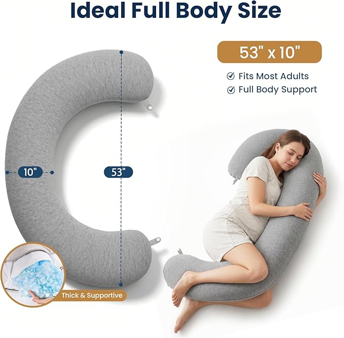 TranquilRelax C Shaped Body Pillow for Side Sleepers, Memory Foam Long Pillow for Leg, Hip & Back Support, Soft Washable Cover,Grey-53"*10"