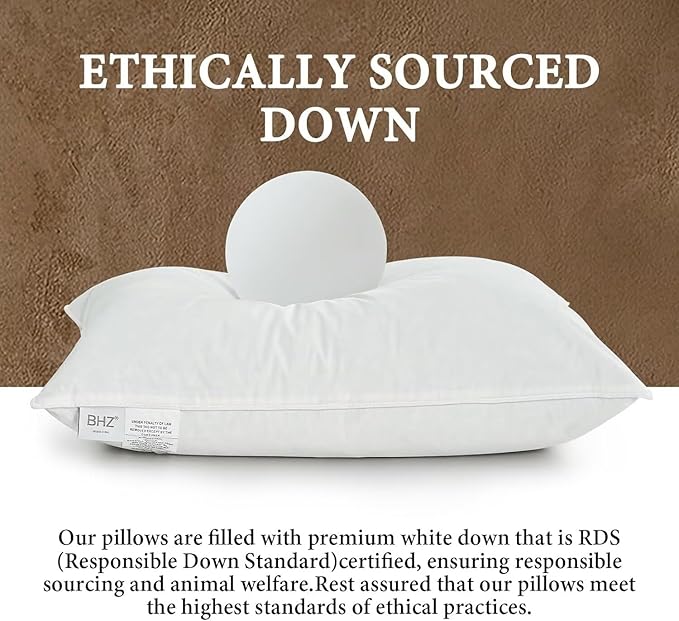 BHZ Goose Down Feather Pillows Queen Size - Hotel Collection Bed Pillows for Sleeping Medium Firm Soft Support Pillow for Side and Back Sleepers with Breathable Cover