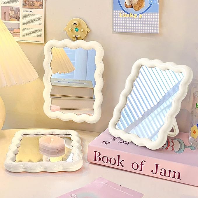 Wave Shaped Table Desk Vanity Makeup Mirror Cute Portable Travel Folding Make Up Mirror for Standing Hanging 6.7X5.3 Inch Home Decoration (White)