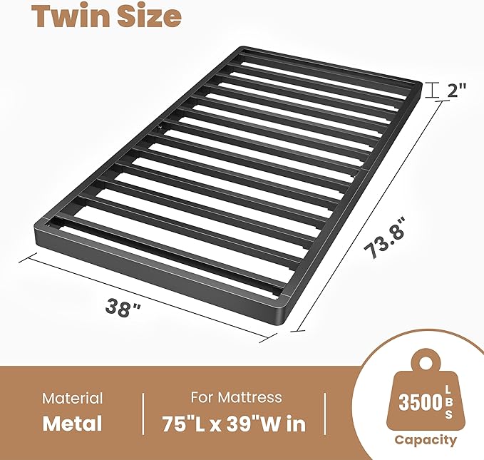 ROIL 2 Inch Twin Metal Box Spring Low Profile, Bunkie Board Bed Slat Replacement with Round Corners, 3500 lbs Capacity Heavy Duty Steel Slats, Easy Assembly, Noise Free