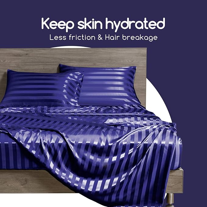 MR&HM Satin Pillowcase for Hair and Skin, Silk Satin Pillowcase 2 Pack, Standard Size Pillow Cases Set of 2, Silky Pillow Cover with Envelope Closure (20x26, Navy Blue Striped)