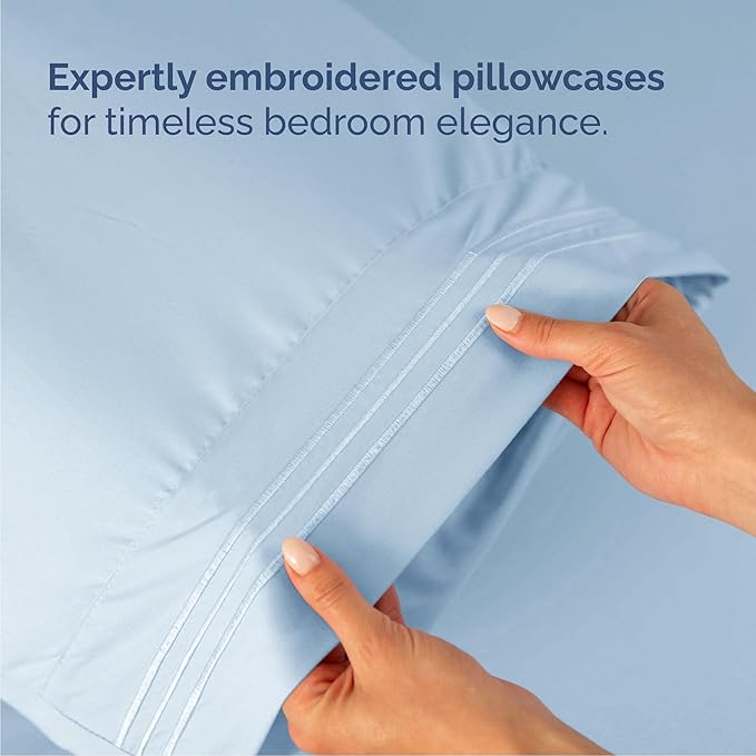 Queen Size 4 Piece Sheet Set - Comfy Breathable & Cooling Sheets - Hotel Luxury Bed Sheets for Women & Men - Deep Pockets, Easy-Fit, Extra Soft & Wrinkle Free Sheets - Sky Blue Oeko-Tex Bed Sheet Set