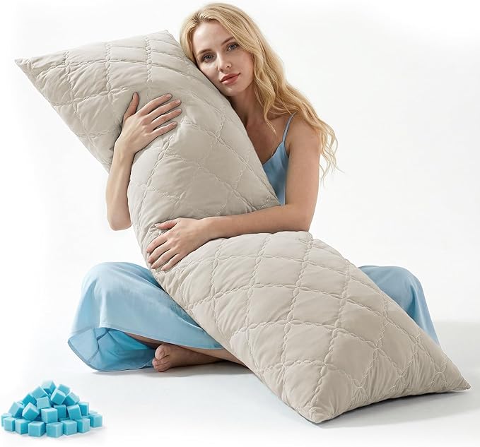 BEDELITE Cooling Body Pillow for Adults, Creative Ultra Soft Cool-Touch Quilted Nylon-Spandex Body Pillow Cover, Adjustable Memory Foam Long Pillow for Side Sleepers, Pregnancy & Back Pain(Linen)