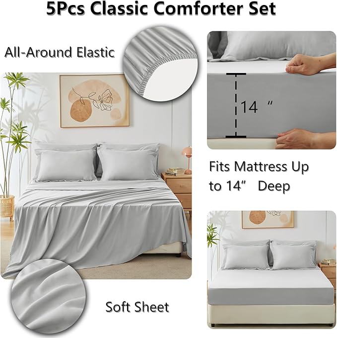 CozyLux Twin XL Comforter Set Light Grey - 5 Pieces Twin Extra Long Bed in a Bag for College Dorm, All Season Bedding Set for Girls and Boys, Soft Bed Set with Comforter, Sheets, Pillowcase & Sham