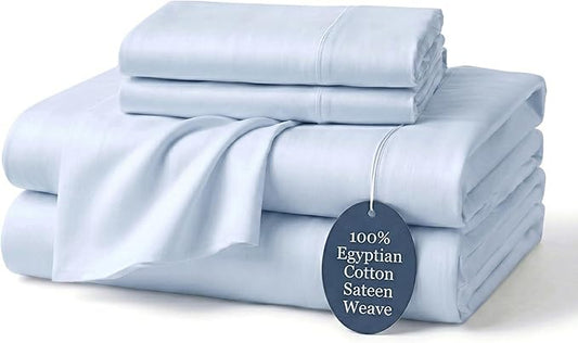 100% Egyptian Cotton Sheets Queen Light Blue - Luxury Hotel Collection Queen Size Sheet Set, Cooling & Breathable Sateen Weave, Anti Pilling Extra Long Staple Cotton, 16" Deep Pocket - 4Pc