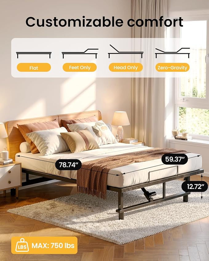 Mixcous Adjustable Bed Base – Electric Queen Adjustable Bed Frame with Zero Gravity, Head & Foot Lift, Remote Control, Quiet Motor, Compatible with Memory Foam & Hybrid Mattresses, Easy Assembly