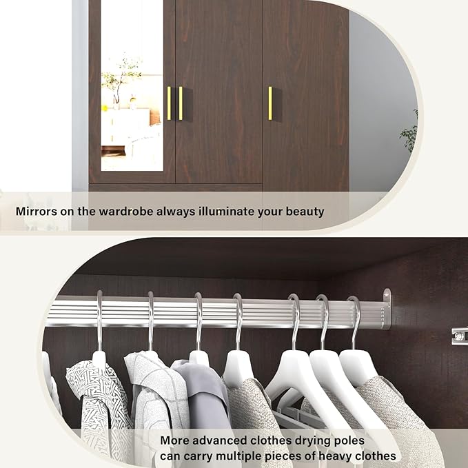 jiteentarou 3 Door Wardrobe Closet with Mirror & LED Lights, Bedroom Armoire with Drawers & Shelves, Farmhouse Wooden Armoire Wardrobe Closet with Hanging Rod for Bedroom, Brown