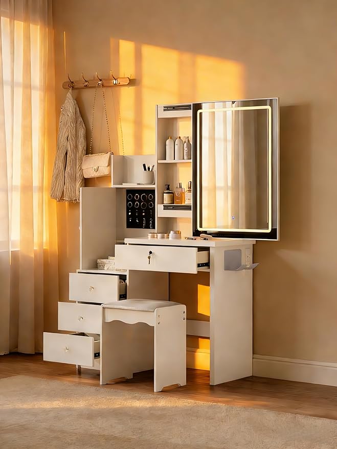Casaphoria 31.5 Inch White Vanity Desk with Lighted Mirror & Storage – Makeup Dressing Table with 4 Drawers, 9 Compartments, Hidden Storage & Stool for Women Girls Bedroom