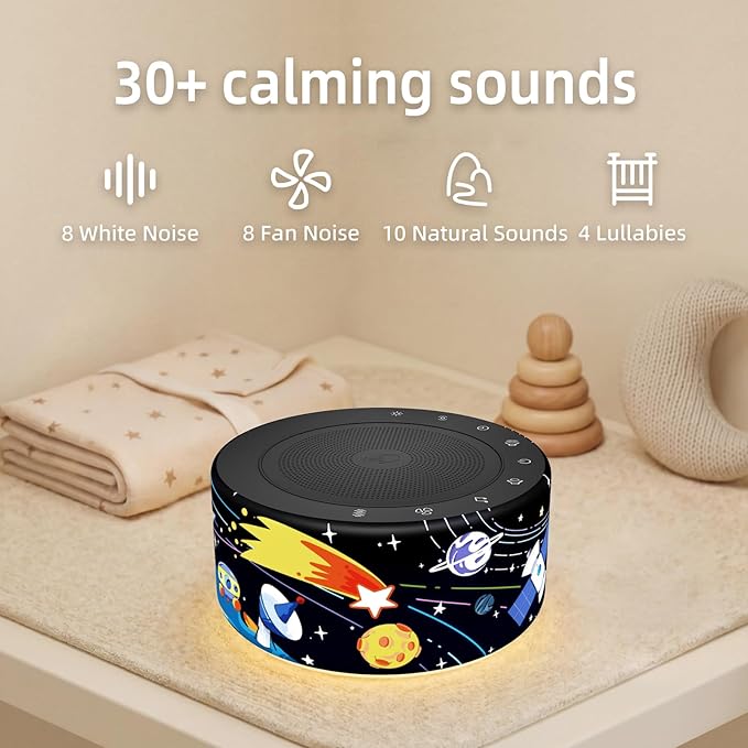 Kipcush White Noise Machine - Soft Non-Glare Nursery Lamp, 30 Soothing Sounds, 8 Color Lights, Max 8-Hour Timer for Baby & Adults