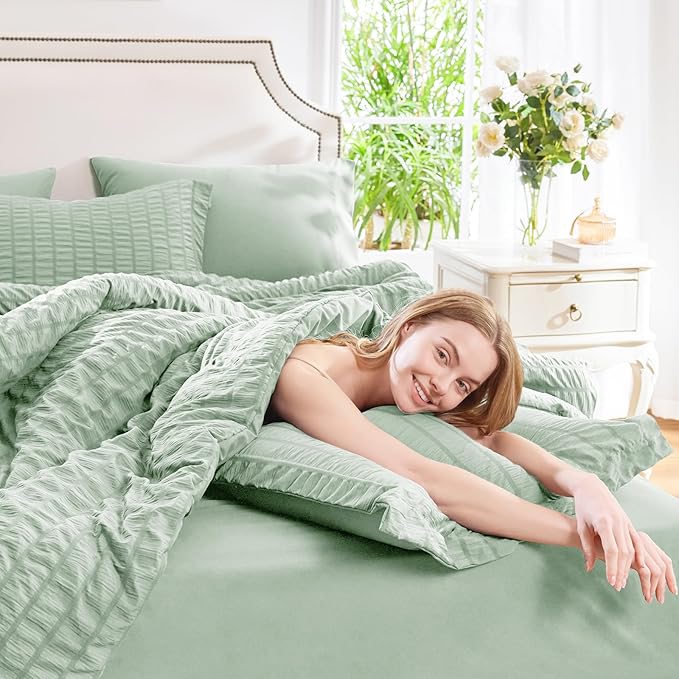 CozyLux Full Size Comforter Sets with Sheets 7 Pieces, Sage Green Seersucker Bed in a Bag Textured Luxury Soft Bedding Sets with Down Alternative Comforter, Sheets, Pillowcases & Shams for All Seasons