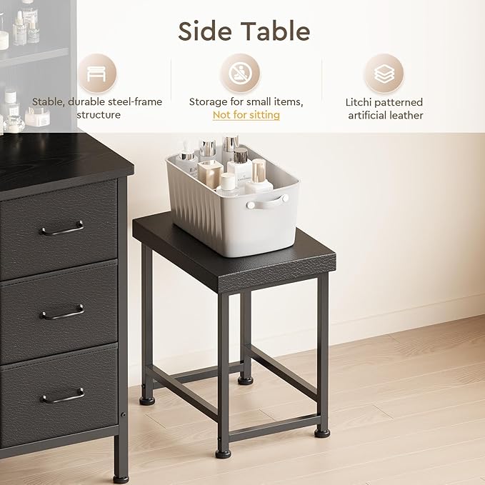 YeTom Vanity Desk with Mirror and Lights, Makeup Vanity Desk with 4 Fabric Drawers & Storage Shelves & Side Table, 3 Color Modes & Adjustable Brightness, Black Vanity, Bedroom Furniture