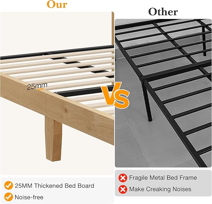 Garvee Twin Rattan Bed Frame, Bohemian Rattan Bed Frame Twin with Natural Headboard, LED Lights, No Box Spring Needed